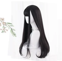 AS – perruque synthétique noire longue et lisse avec frange pour femme, perruque de Cosplay Lolita noire, cheveux naturels résistants à la chaleur 5