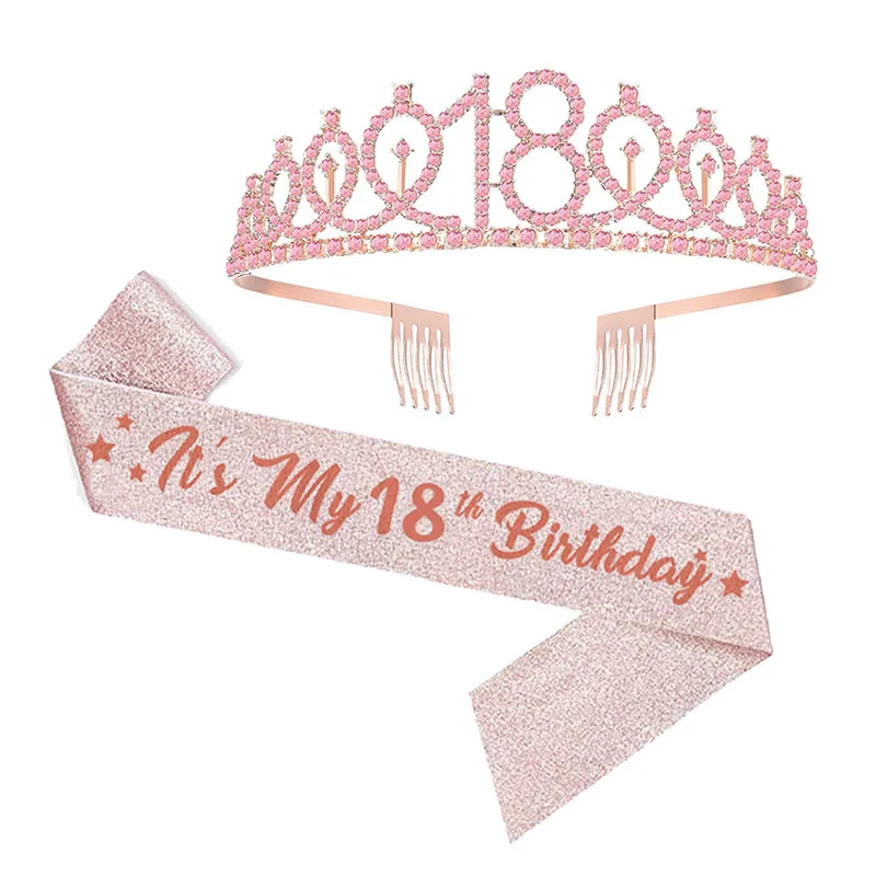 

Rose Gold Sash and Crown for Birthday Girl It's My 3 5 6 9 16 18th Birthday Sashes Shoulder Strap+ Bling Tiara Anniversary Decor