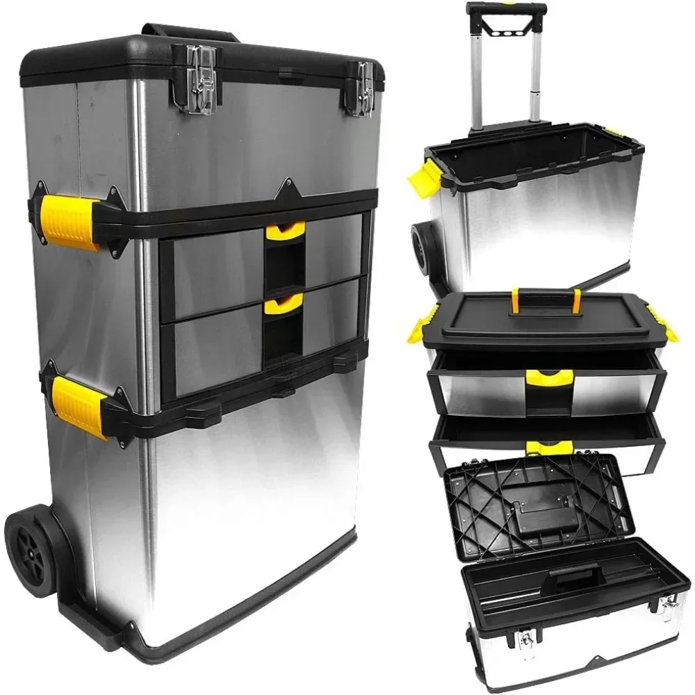 Tool Chest, Stainless-Steel Drawer Organizer with Wheels, Extendable Handle and Tough Latches - Rolling Tool Cabinet 3