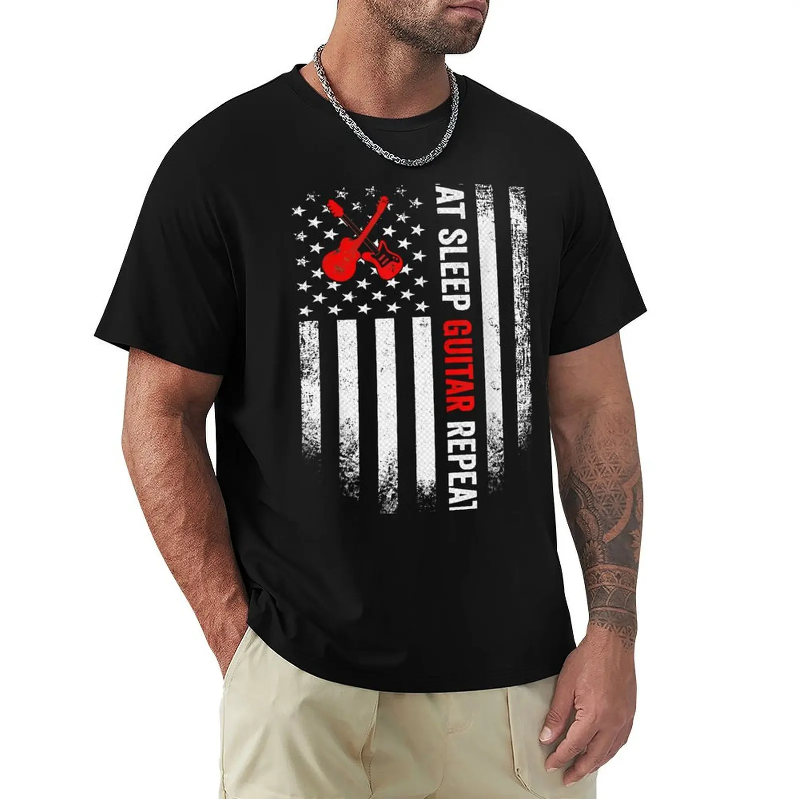 

Винтажная футболка с американским флагом США с надписью "Eat Sleep", "Гитара", "гитарист-Повтор", большие размеры, новая версия, стандартная футболка для мужчин