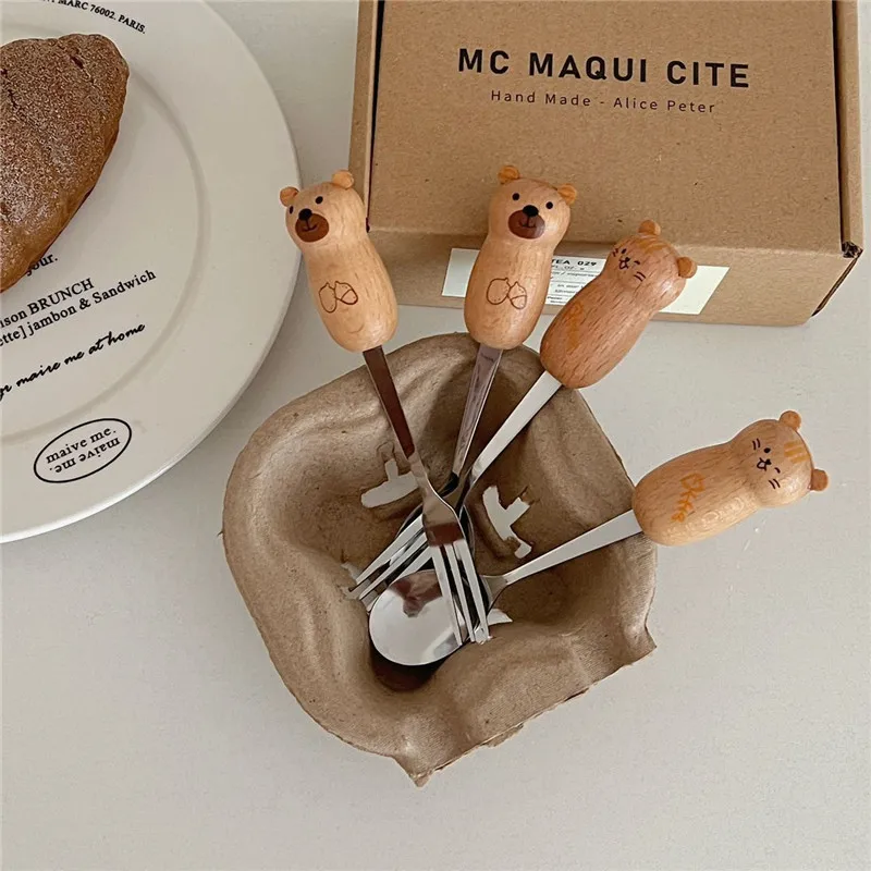 Cute Cartoon Little Bear Fruit Fork and Spoon Suit Solid Wood Handle Stainless Steel Pastry Fork Coffee Spoon Kid Gift
