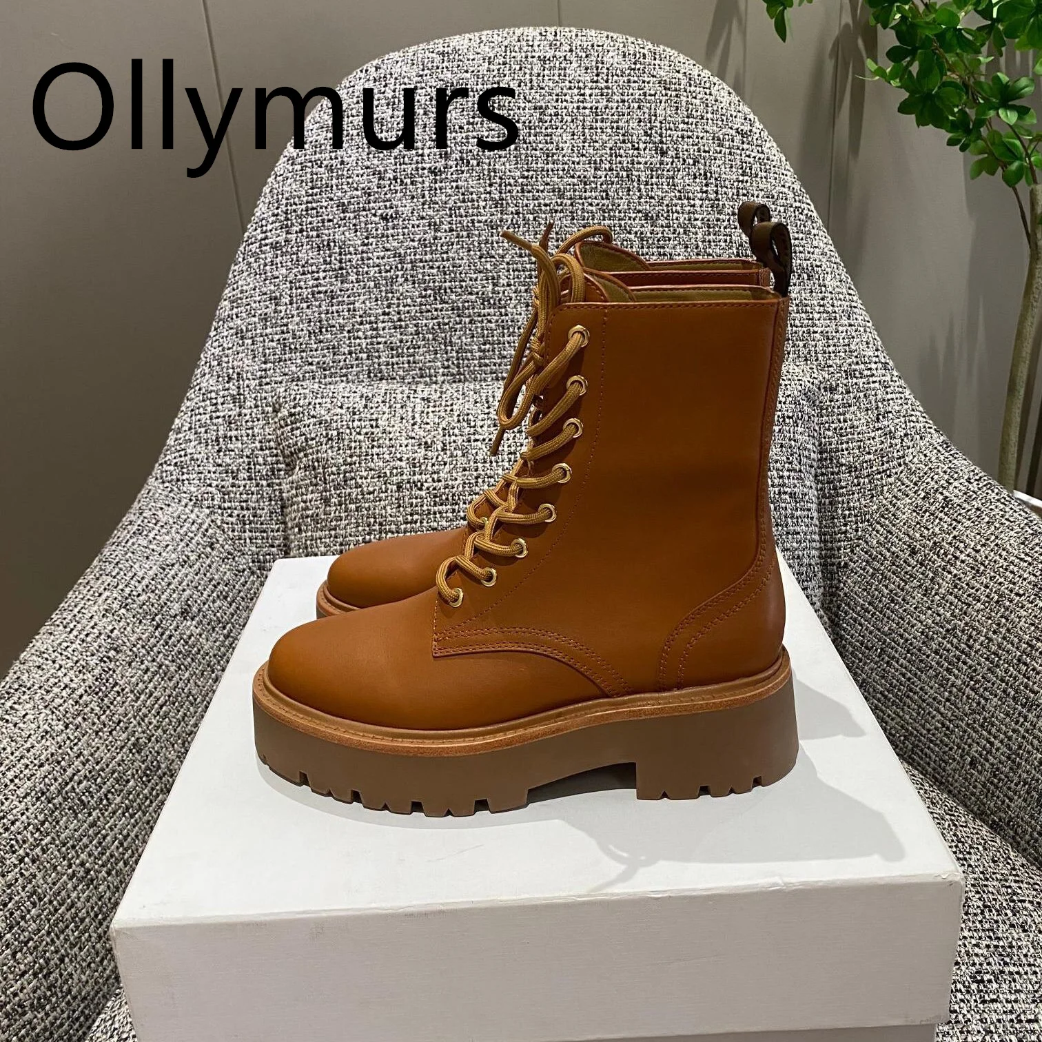 

Shoes For Women 2023 Genuine Leather Tan Black Autumn Winter Boots Round Toe Med Low Heel Luxury Designer Lac Up Boots Quality