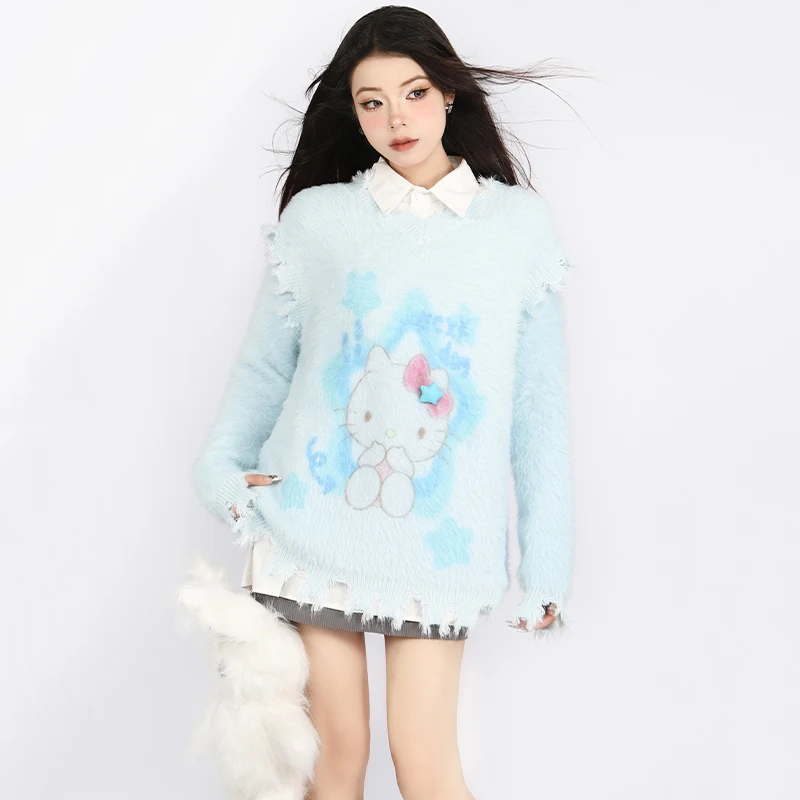 

Hellokitty Detachable Two-Wear Sweater Anime Sanrio Winter Women Loose Plush Casual Sweet Girly Heart Versatile Vest Sweater Top