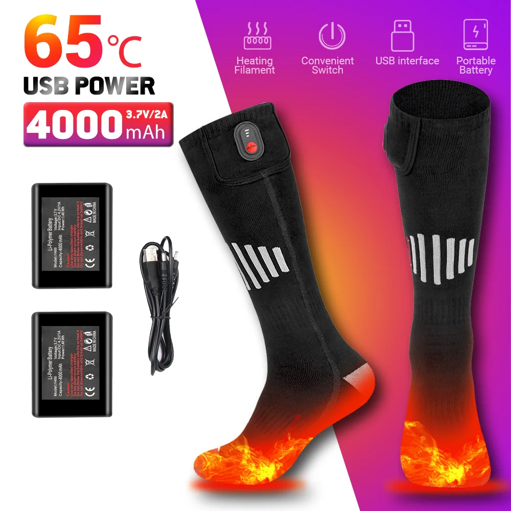 Winter Heated Socks Motorcycle Outdoor Warmth USB Rechargeable 65℃ Heating Socks Heated Boots Snowmobile Skiing Sock 4000mAh