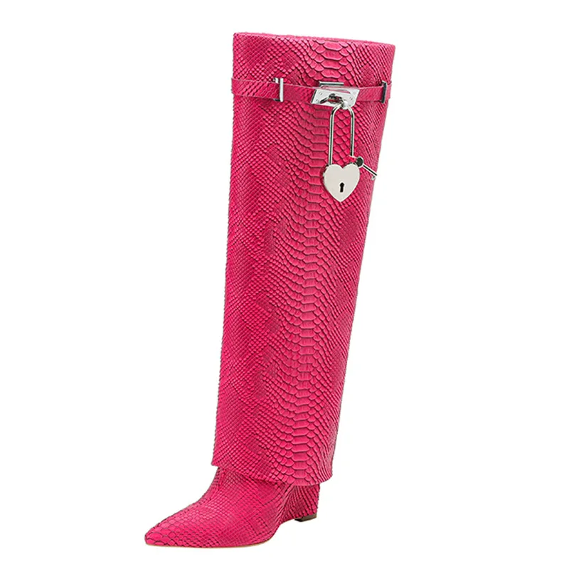 2023 Winter New Pointed High Heel Crystal Wedge Heel Large Peach Heart Buckle Knee Long Boots and Trouser Sleeve Boots
