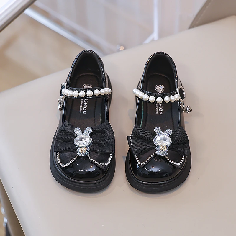 New Girls Leather Shoes with Rhinestones Bear PU Simple Non-slip Children Fashion Princess Shallow Loafers Drop
