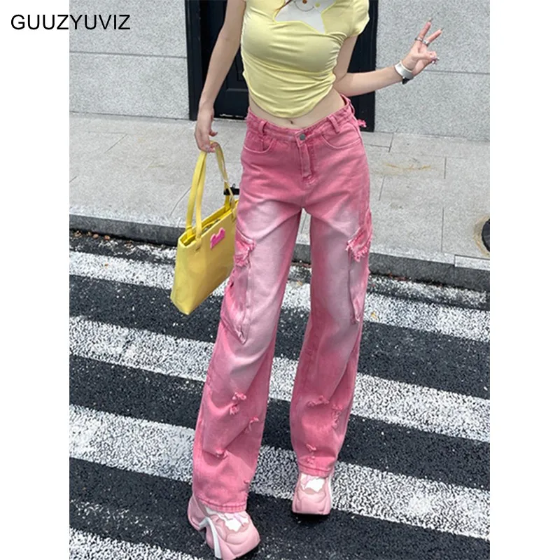 

GUUZYUVIZ Pink Straight Denim Cargo Pants Women Y2k Streetwear High Waist Fashion Casual Ripped Hole Pocket Loose Baggy Jeans