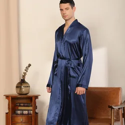 Men Long Kimono Bathrobe Gown Spring Summer Silk Satin Sleepwear Robe with Pocket Belt Loose Long Sleeve Home Wear Loungewear