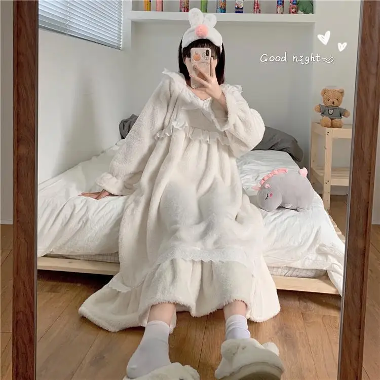 Winter Thick Warm Women Nightdress Thick Coral Fleece Pajamas Long Flannel Nightgown Robe Lace Square Collar Plush Sleepwear images - 6