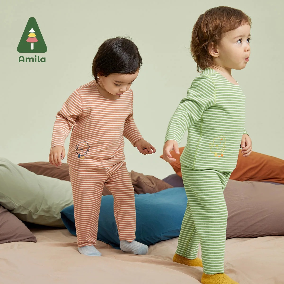 Amila Baby Underwear Set Autumn New Seamless Cutting Colors Pattern Printing Boys Girls Cotton Children Homewear Clothes