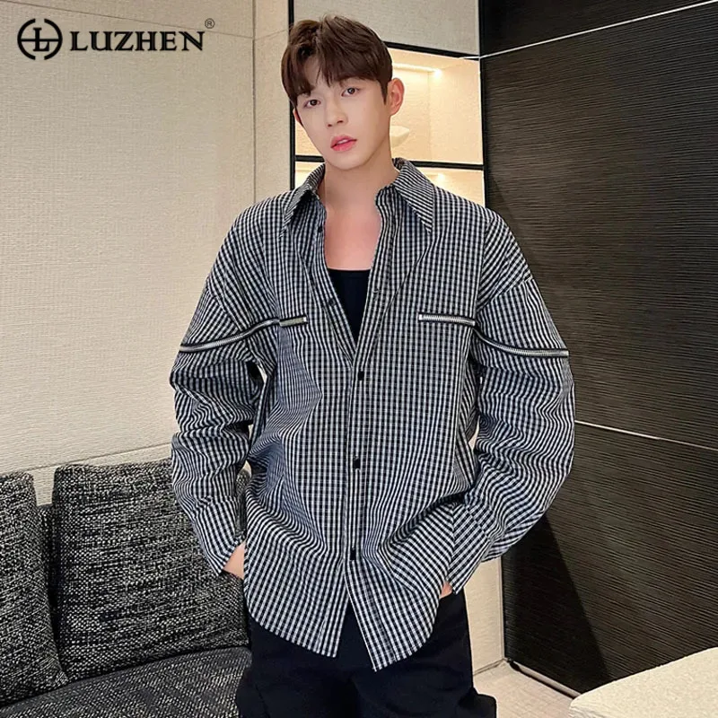 

LUZHEN Handsome Decorate Zipper Trendy Loose 2023 Plaid Splicing Casual Shirts Coat Autumn New Fashion Long Sleeve Tops 011715