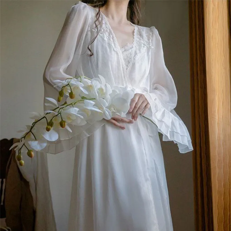 Long Nightgown Sets Long White Wedding Robe Nightgown Set Elegant