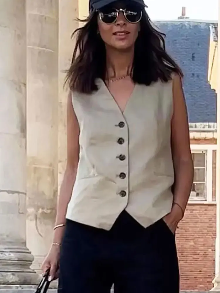 HH Women's Fashion Solid Vest Top Vintage V Neck Button Loose Casual Vests Summer Y2K Woman Streetwear Chic Tops Outerwear