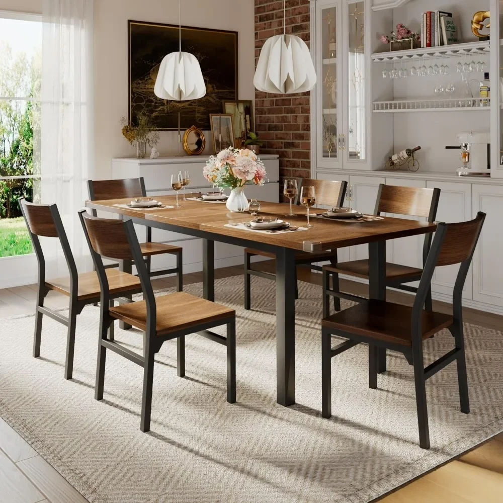 Dining Table & Chairs Set for 4-8, 63" Extendable Kitchen Table Dining Room with Metal Frame & MDF Board, Easy Clean