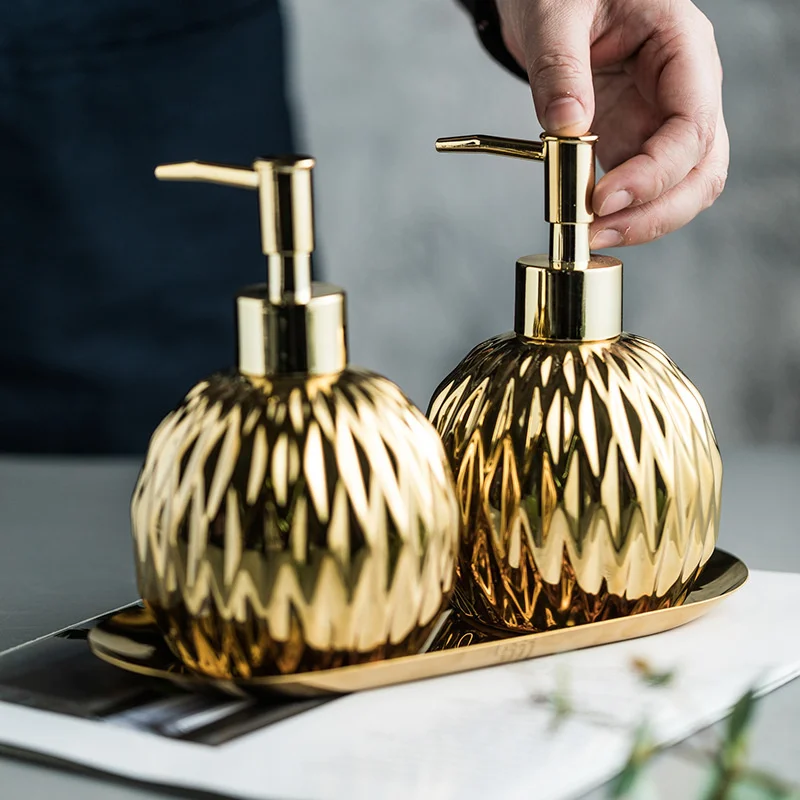 Luxury Gold Soap Dispenser with Press handle Ceramic Dispenser Silver with stainless steel Tray Bathroom Accessory bathroom accessories