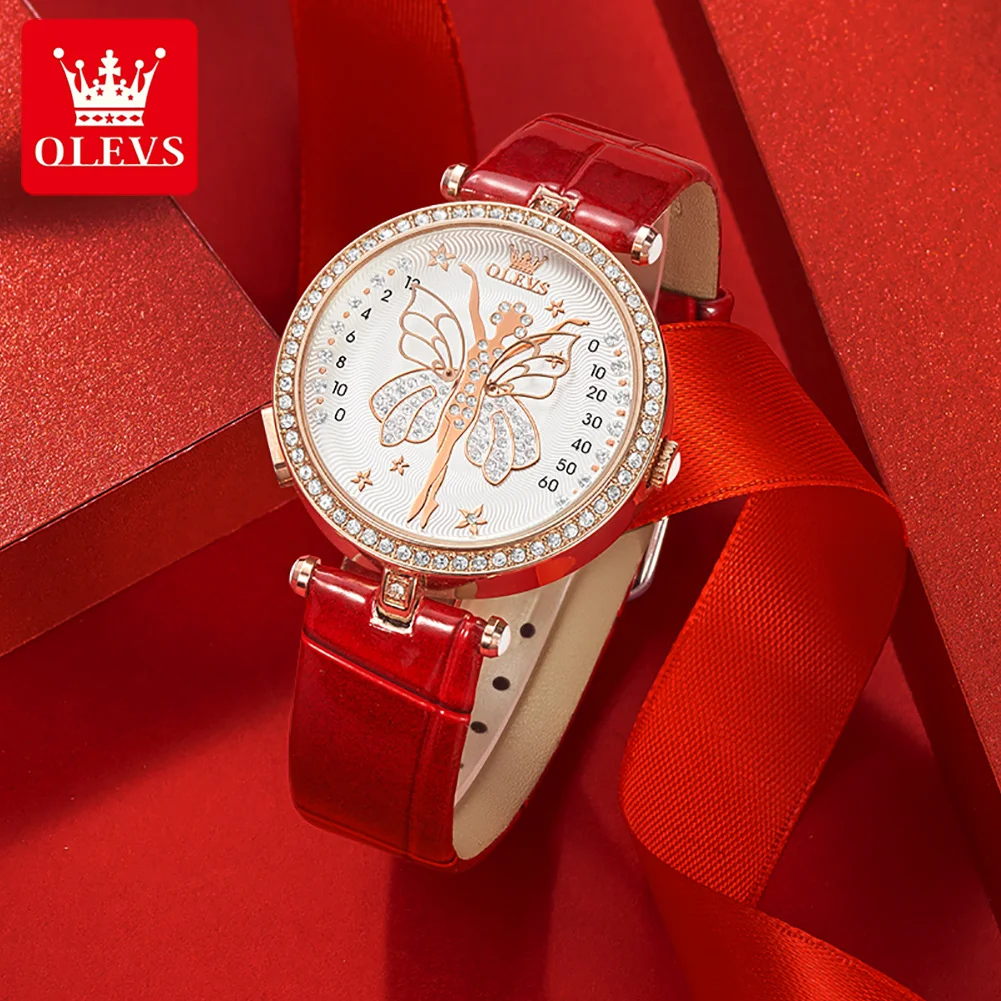 OLEVS New Diamond Dial Angel Wings Design Imported Movement Quartz Watch for Women Luxury Leather Watches Relogio Feminino