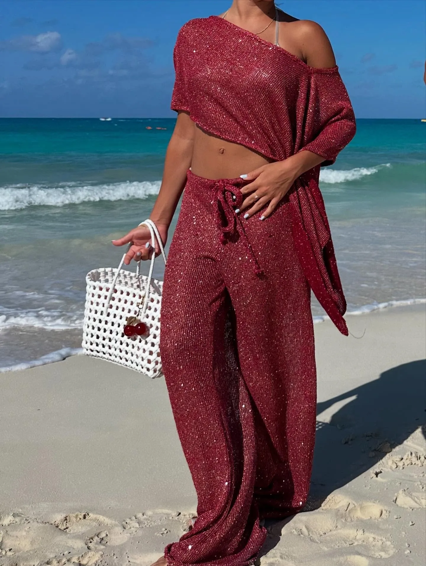 New Fashion Womens Autumn Casual Tops Long Sleeve Slash Neck Off One Shoulder Trendy Sequins T-shirt Hot Sale One Size 1
