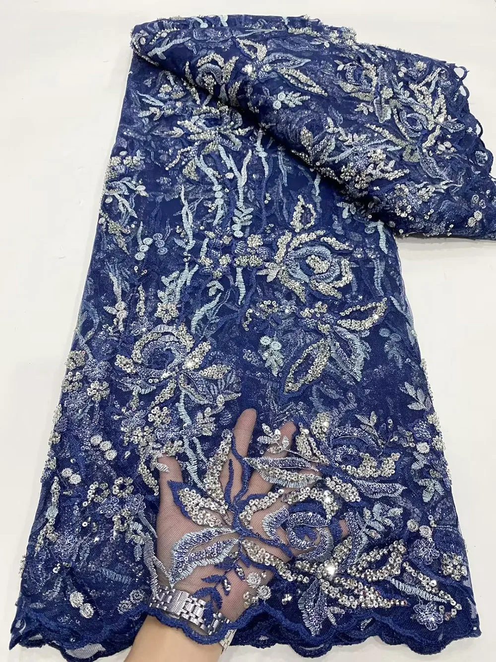 

2023 High-End Handmade Beaded Lace Fabric France Sequins Embroidery 3D Beads Nigerian Bridal Mesh Lace Fabric For Sewing Dress