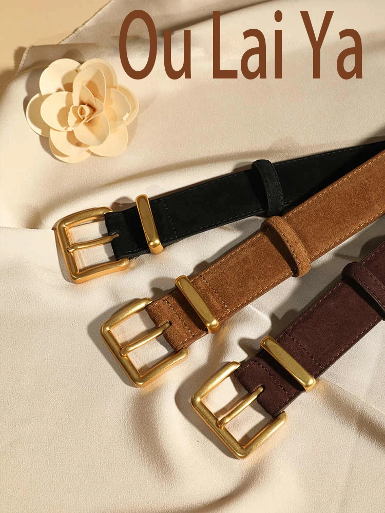 Luxury Suede Cowhide Leather Belt for Women,Vintage Style belt,3.3cm Wide Waistband for Dresses & Jeans