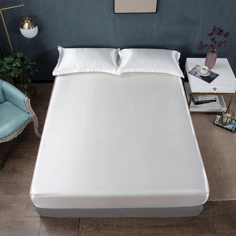 Description Picture 2 of itemSatin Rayon Fitted Sheet High-End Mattress Cover Solid Color Bedsheet Elastic Band Twin Full Queen King Bed Sheet