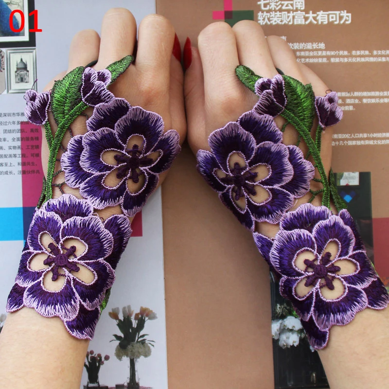 

Women Stage Performance Hollow Lace Embroidery Chinese Ethnic Glove Fingerless Dance Gloves Flower Wristband Folk Short Cuffs