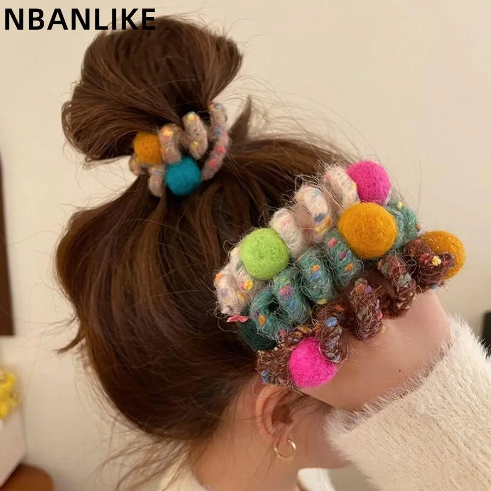 Fashion Sweet Elastic Rubber Band Creative Multicolor Plush Ball Telephone Line Hair Rope