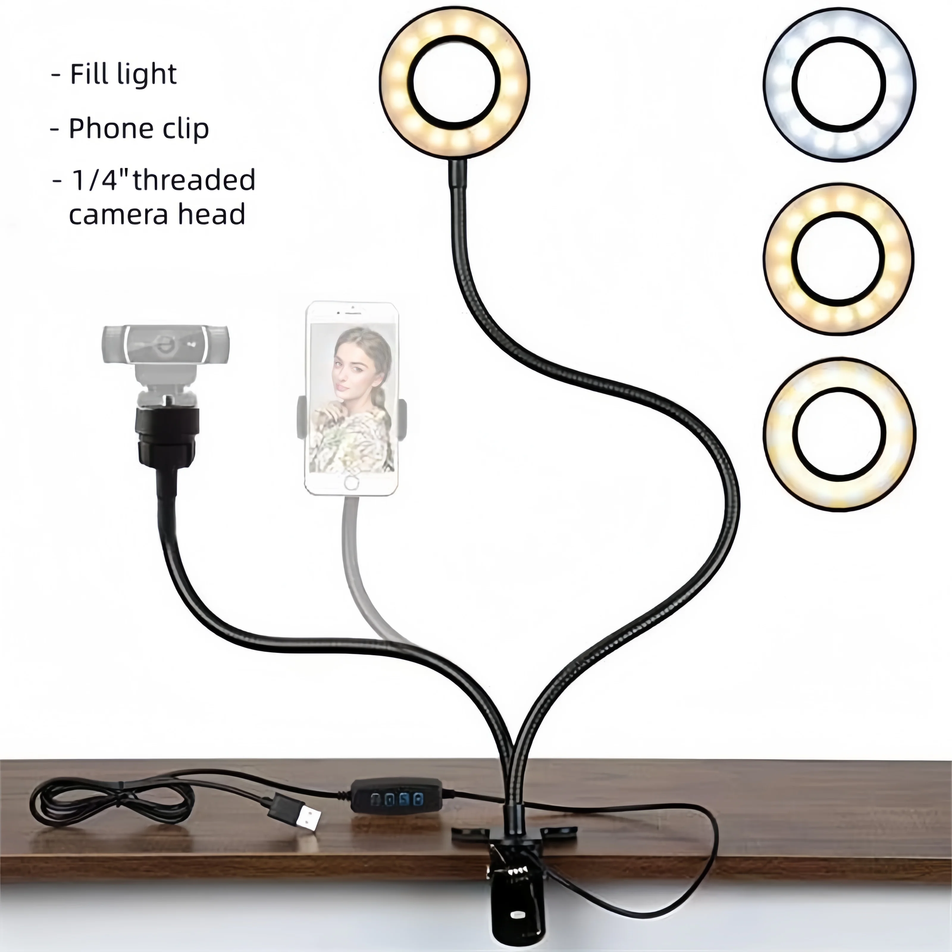 Universal Flexible Fill light with Mobile Phone Holder and 1/4" Threaded Camera DV Head,LED Light for Live Streaming,Selfie