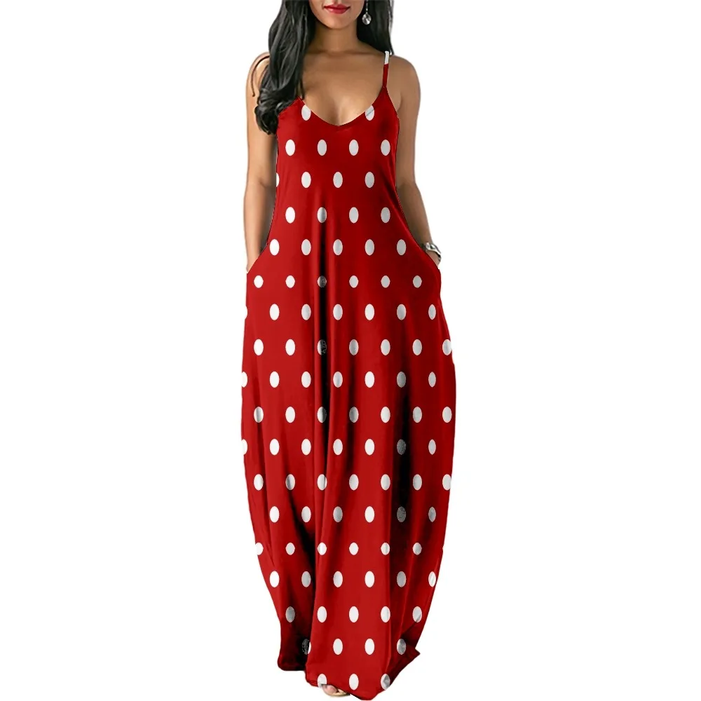 

Polka dots Print Women Casual Short Sleeve Camisole Dress Loose Long Double Pocket Beach Resort DressWoman Dress