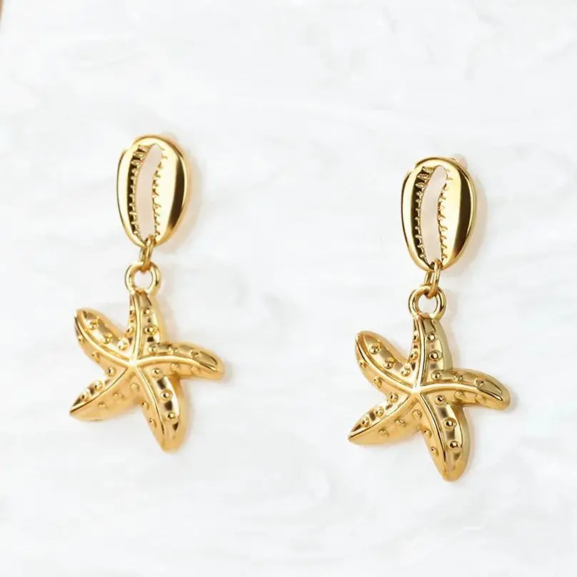 Starfish Earrings Gold Color Stainless Steel Ocean Shell Waterproof