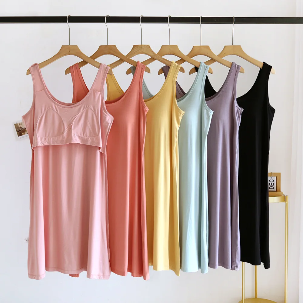 Chest Pad Pajamas Nightgowns Sleeveless Sleepwear For Women Nightwear Nightdress Modal Homewear Nightshirt Vest Nightie Opaque
