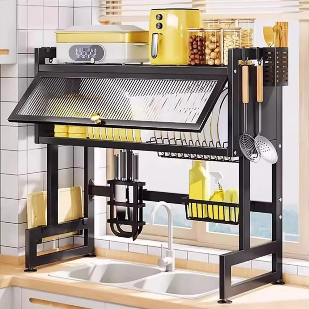 Kitchen Dish Rack Over Sink Adjustable Drying Shelf Dustproof Cabinet Stainless Steel Shelves Closet Organizer
