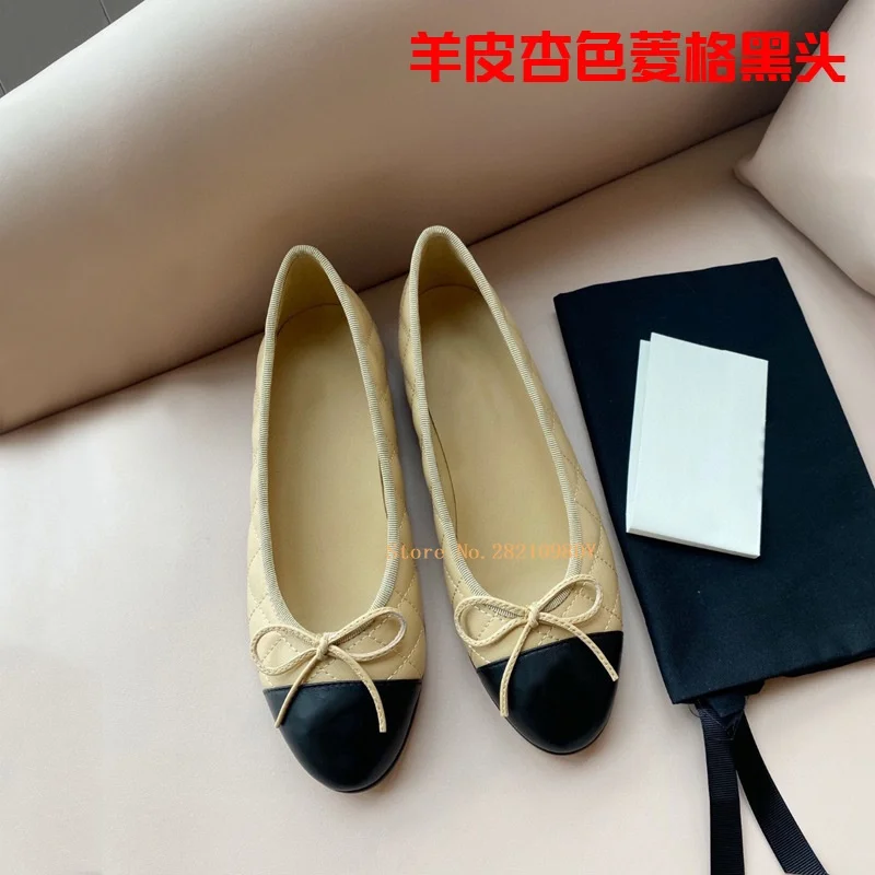 Women Flats Bowknot Flats Ballet Dance Shoes for Women's Four Seasons Sheepskin Real Leather Round Toe Shallow Mouth Comfortable Shoes