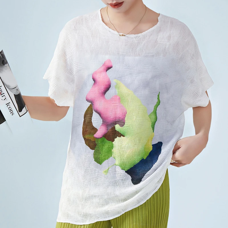 

Casual O-neck Short Batwing Sleeve T-shirts for Women Elegant Fashion Print Loose Oversize Tops Tees Summer Pleated Tops Ladies