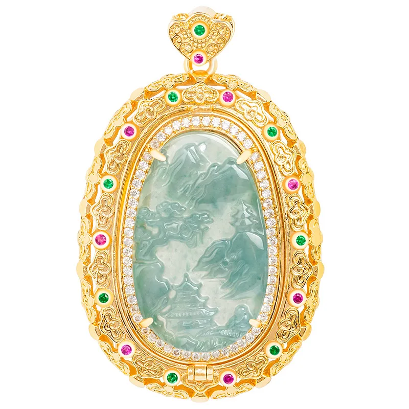 Natural A-grade Jade Blue Water Landscape Brand Copper Plated Gold Inlaid Ice Jadeite Pendant For Men's Charms Women's Jewelry