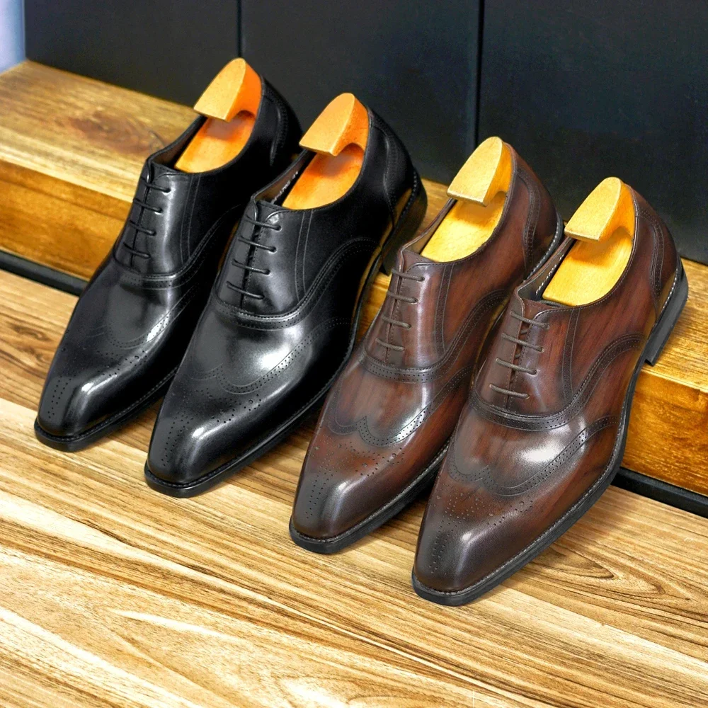 Luxury Boy Wedding Shoes Men Dress Leather Church Shoes Wine Red Burgundy Oxfords Social Gents Suit Casual Business Party