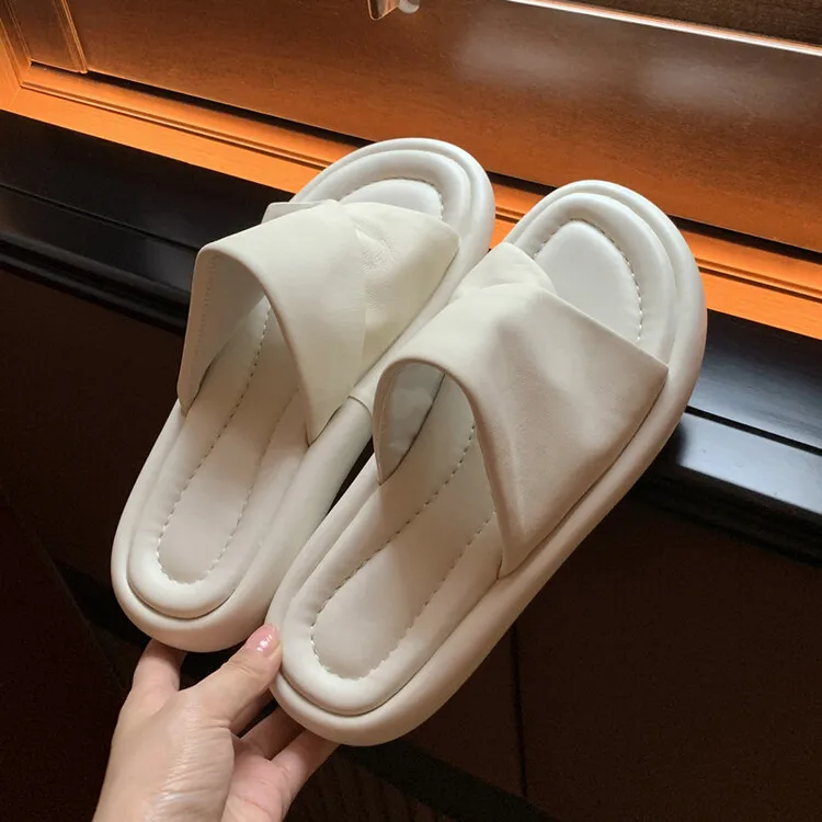 

Chic Simple Style Women Outside Slides White Leather Flats Platform Slippers Yellow Soft Sandals Brown Rubber Sole Zapatillas