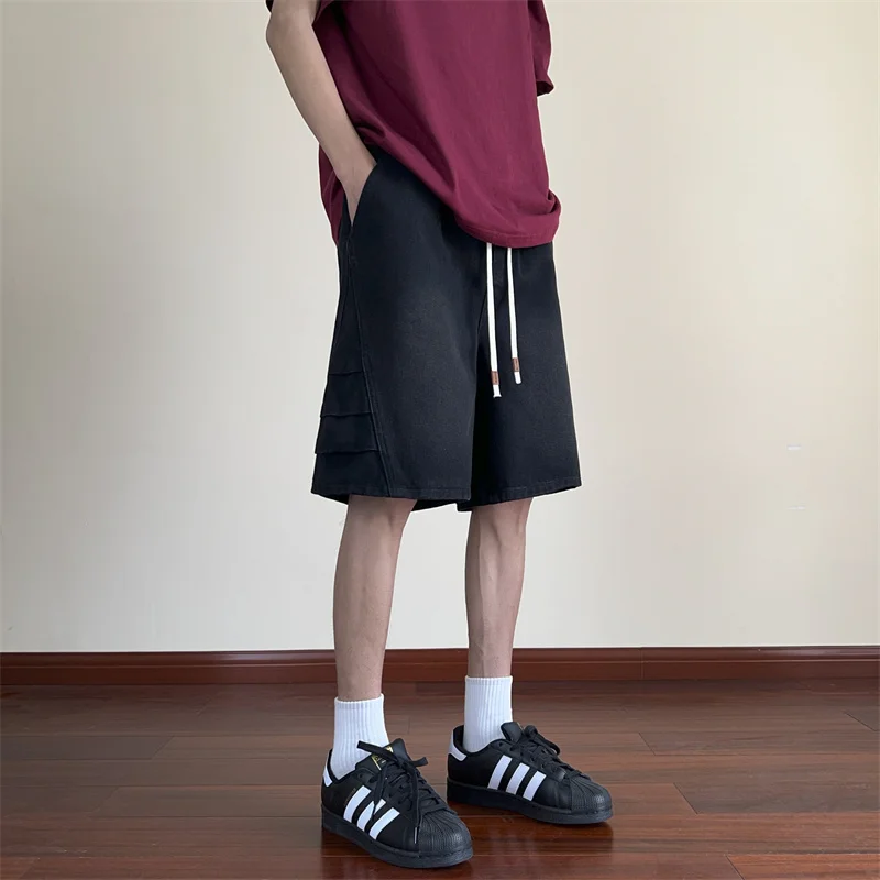 Summer Fashion Blue Denim Pants Shorts Men's Straight Casual Ins Youth All-match Fifth Pants Elastic Waist Chic Short