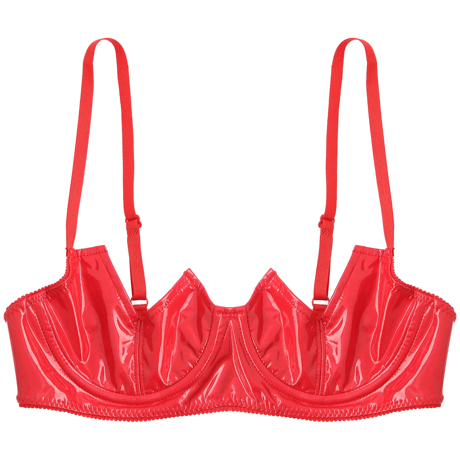 Sexy Womens V-Notch Underwired Cups Bra Tops Lingerie Underwear Wet Look Patent Leather Adjustable Spaghetti Straps Brassiere