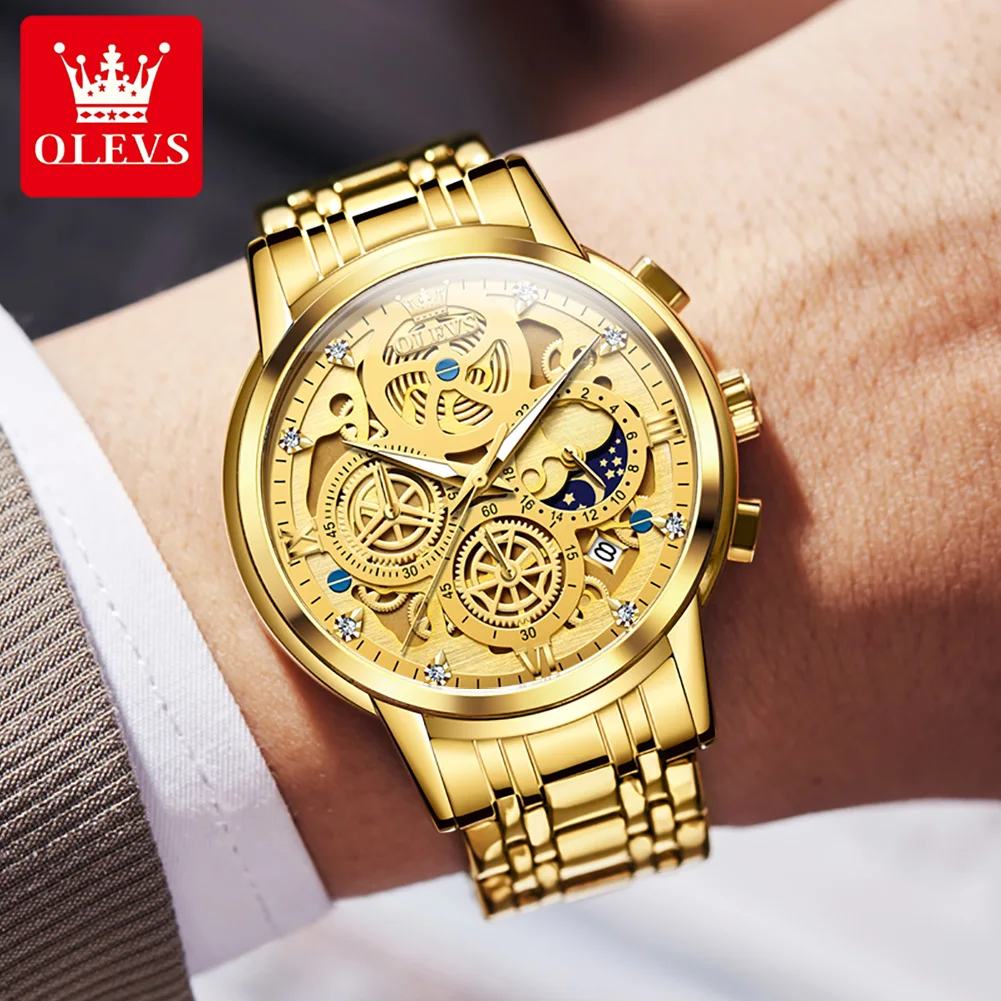 OLEVS Gold Skeleton Style Mens Watches Top Brand Luxury Waterproof Quartz Watch for Man 24 Hour Moon Phase Chronograph Wristatch