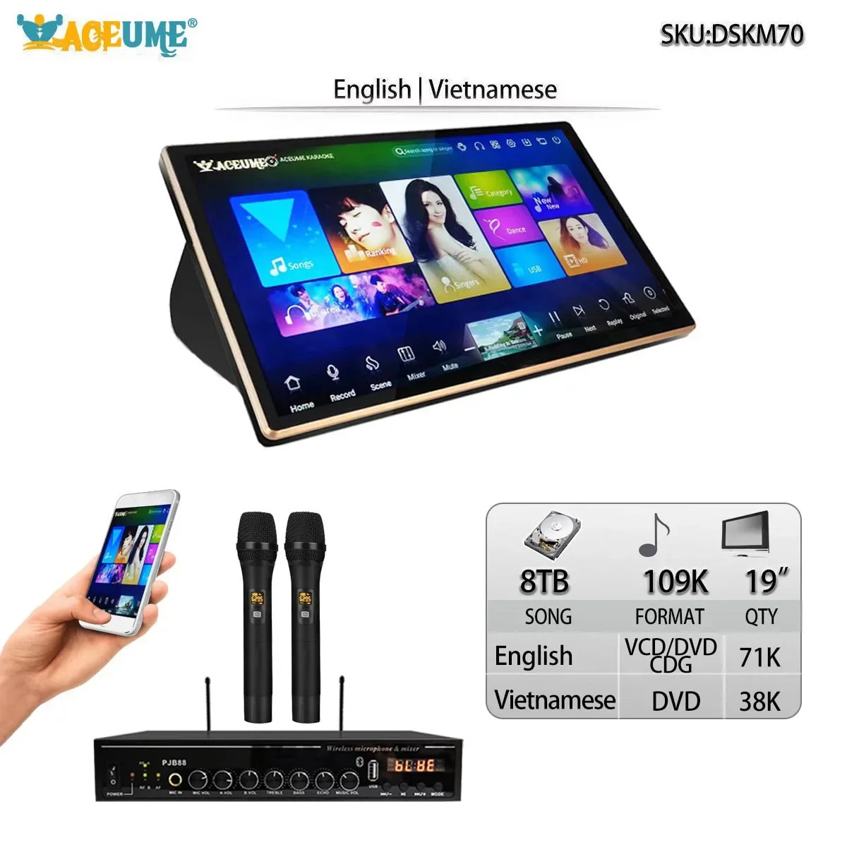 DSKM70-8TB HDD 109K Vietnamese English Songs 19"Touch Screen Karaoke Player Wireless MIC input ECHO Mixing