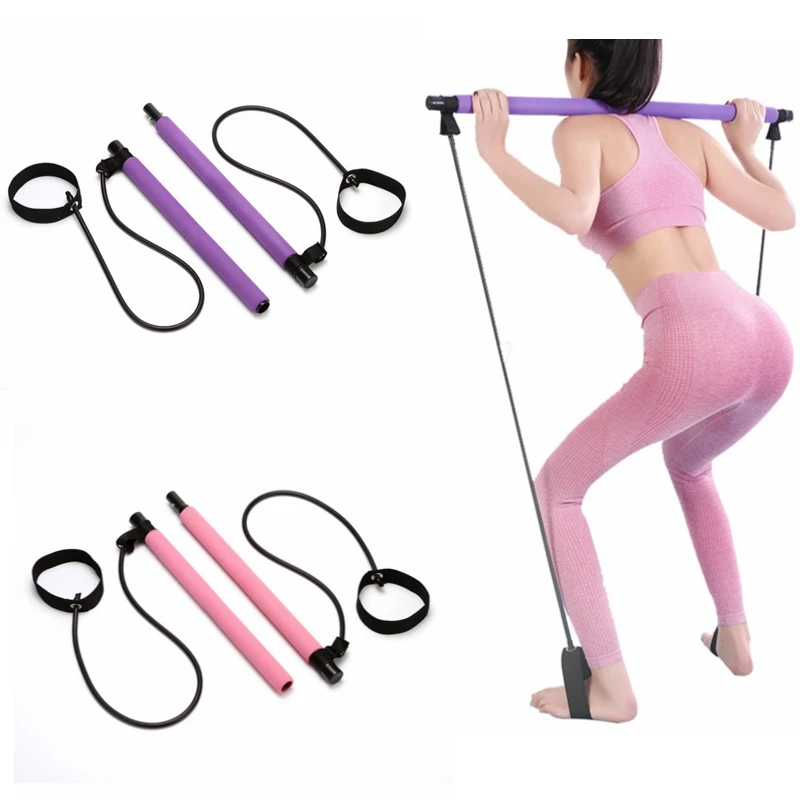 Yoga Pilates Bar With Resistance Band Fitness Stick Latex Pull Rope