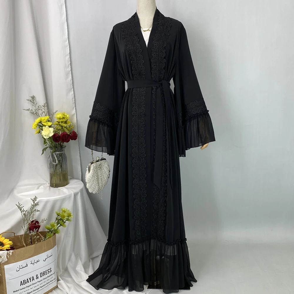 S.H ARAB SHOP باللون الأسود الداكن ملابس نسائية أنيقة مزينة بشيفون نيدا مع حزام 6