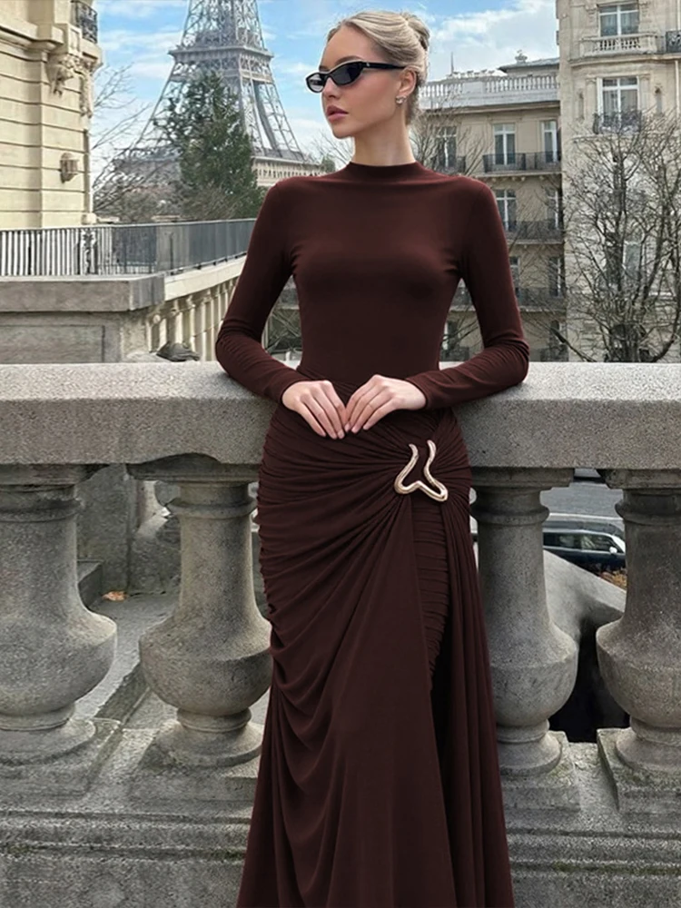 Nibber Metal Trim Maxi Dress Women o-Neck Ruched High Elasticity Autumn Trend Vacation Skinny Elegant Prom Party Chic Vestidos