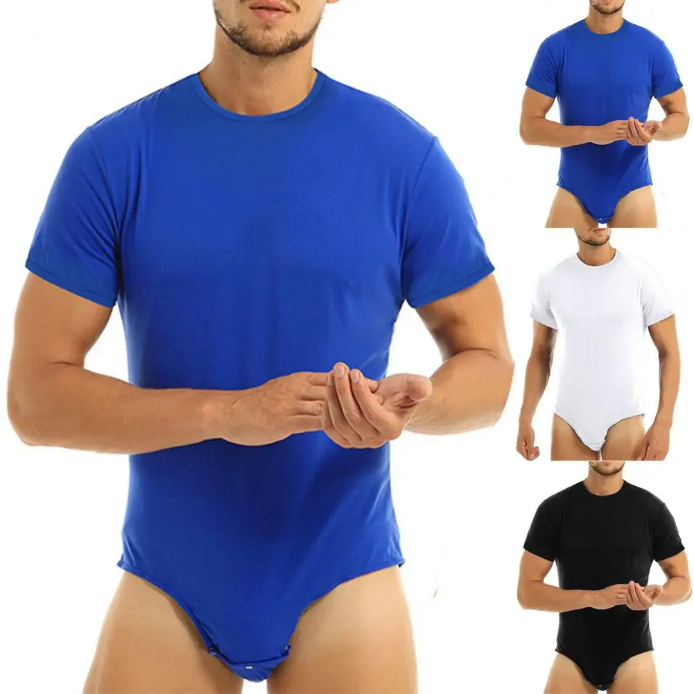Fabulous Men Bodysuit Undershirts Men Nighty Romper Press Crotch Solid Color Bodysuit Pajamas Skin-friendly
