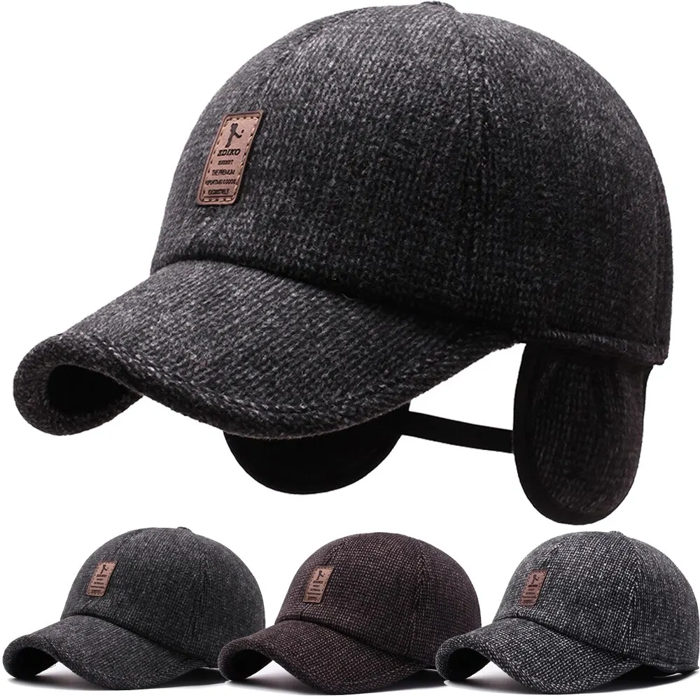 Baseball Cap Woolen Knitted Winter Ear Cover Baseball Cap Men Thicken