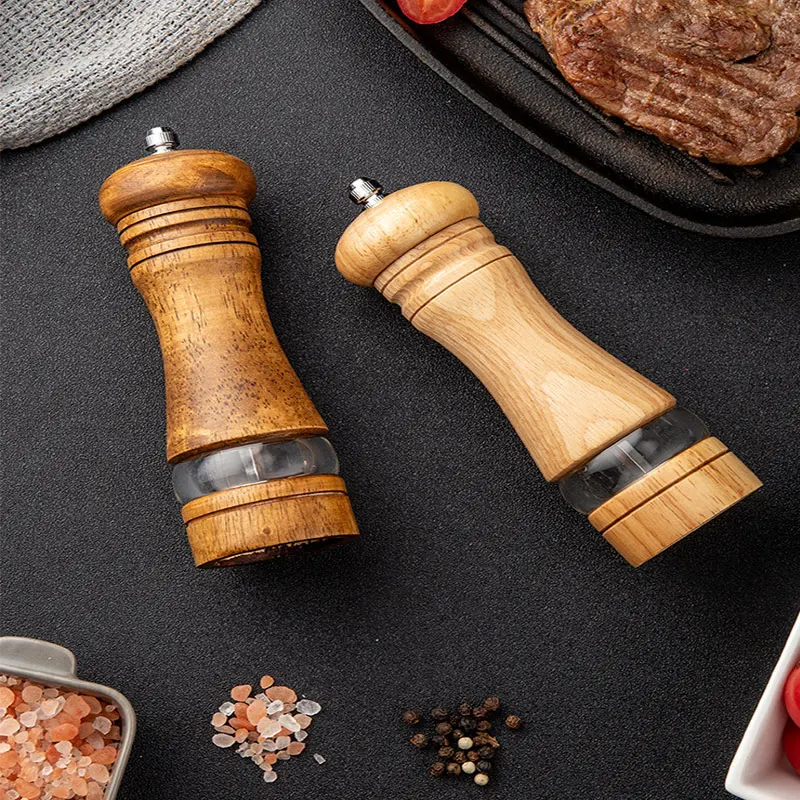 Manual Pepper Grinder Wooden Salt and Pepper Mill, Multi-purpose Kitchen Tool, Solid Wood Grinder for Household, 6 in
