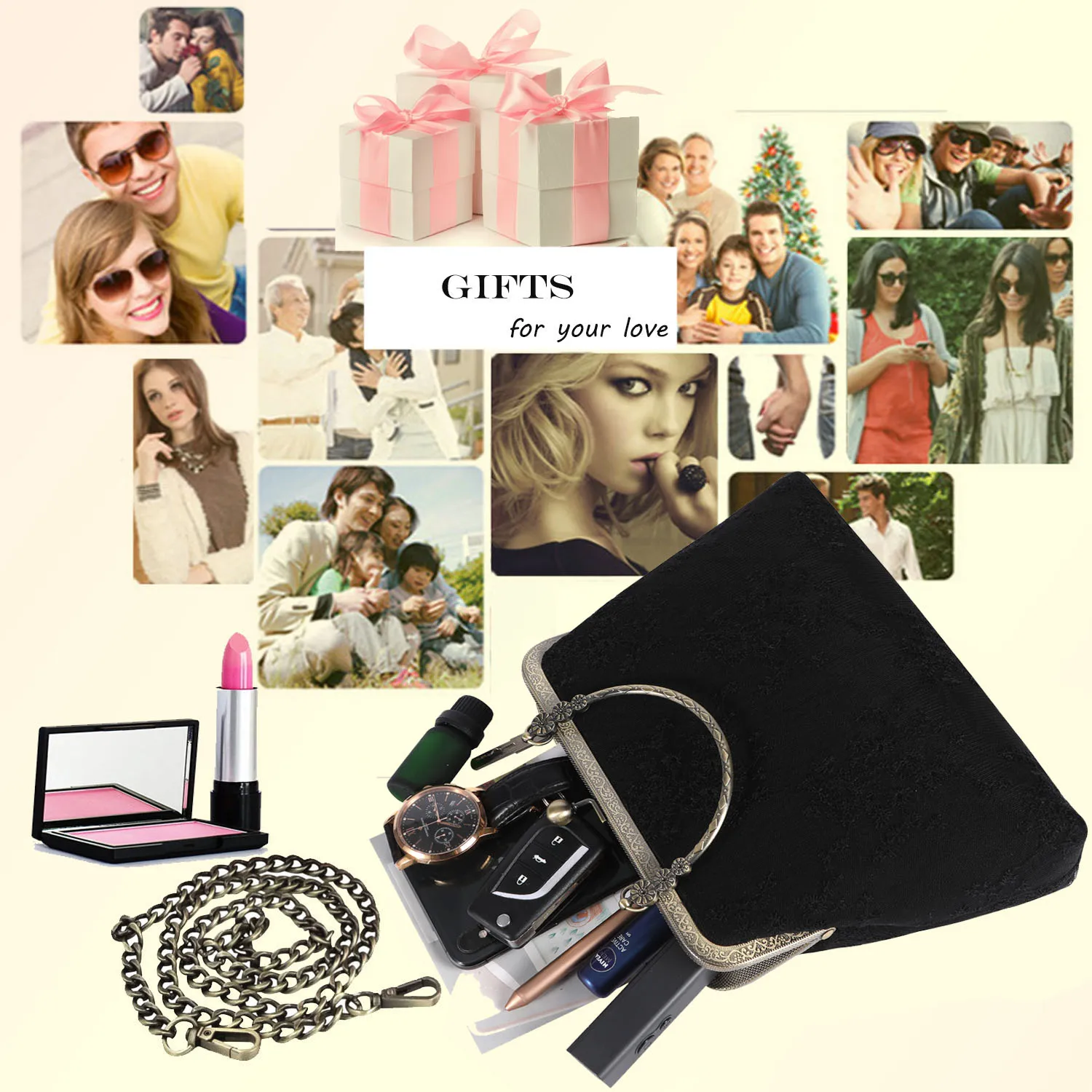 Abuyall Kiss Lock Top-Handle Handbag Vintage Fall Evening Lace Tote Canvas Purse Chain Strap Metal Frame Crossbody Bag Women