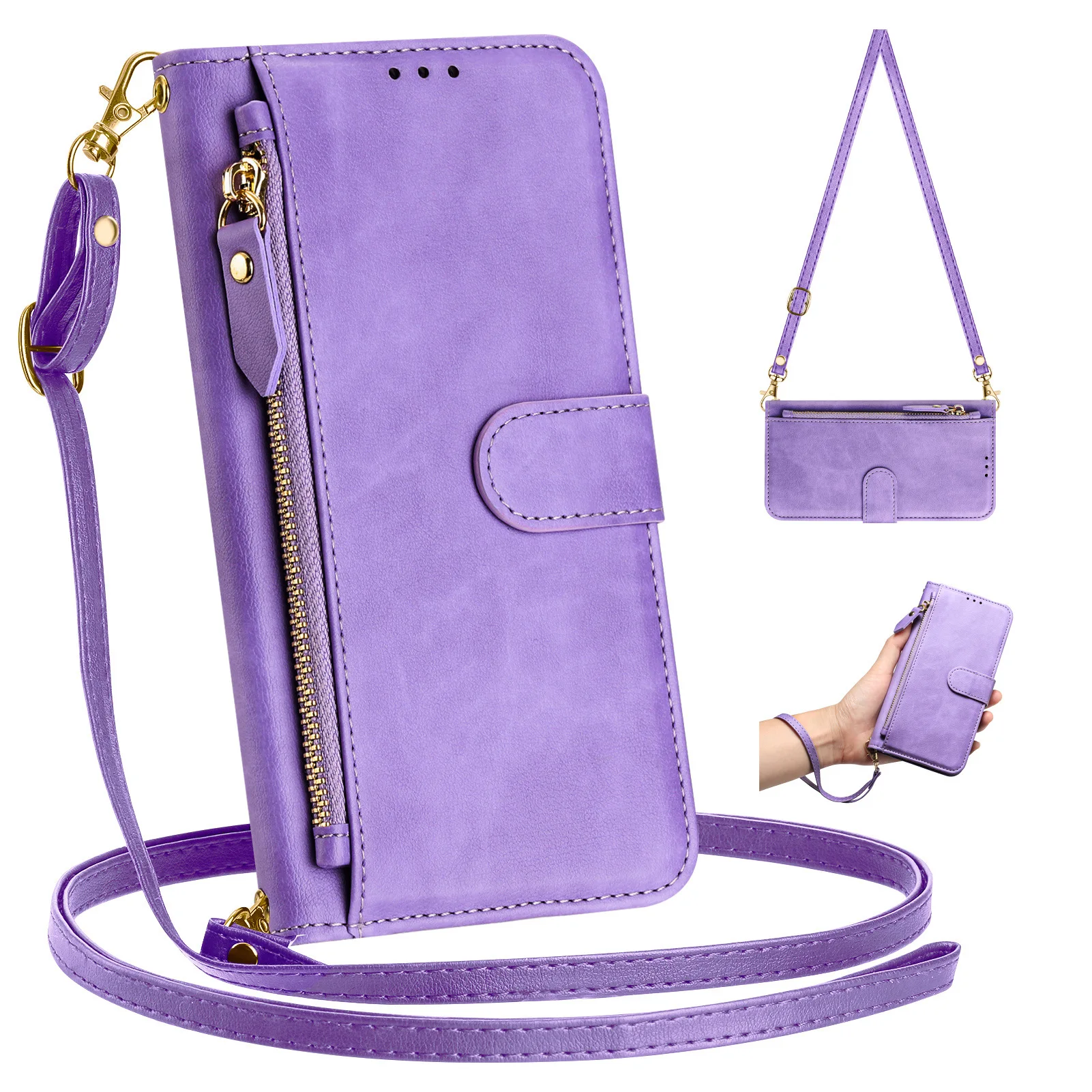 Vintage Leather Crossbody Flip Wallet with Multi-Card Slots and Zippered Pouch