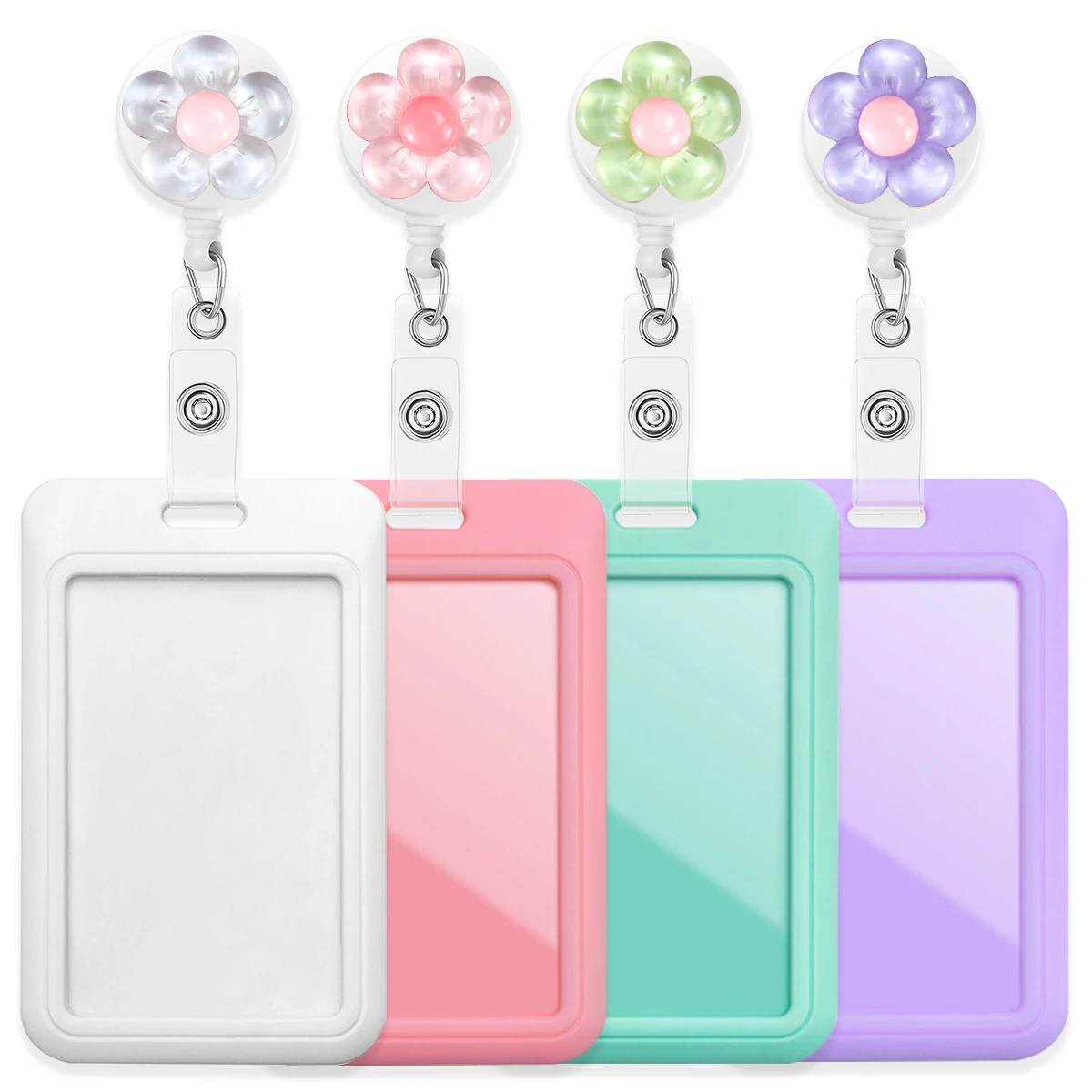 1PC 꽃 모양 접이식 배지 릴 ID 카드 홀더 포함, 귀여운 파스텔 색상 배지..