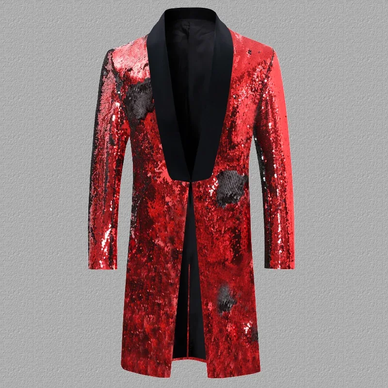 

Mens Embellished Sequin Blazer Glittle Long Mens Blazer Suit Jacket Shawl Collar Stage Party Singer DJ Nightclub Costume Homme